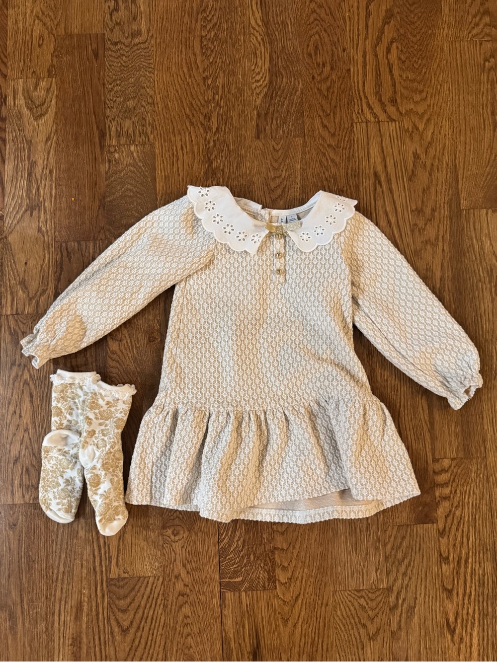 Janie and Jack toddler gold & Cream Textured Long Sleeve Dress w/ Eyelet collar